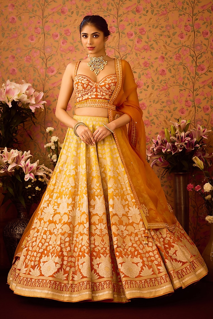 Yellow-Orange Silk Brocade Applique & Thread Embroidered Lehenga Set by Shyam Narayan Prasad