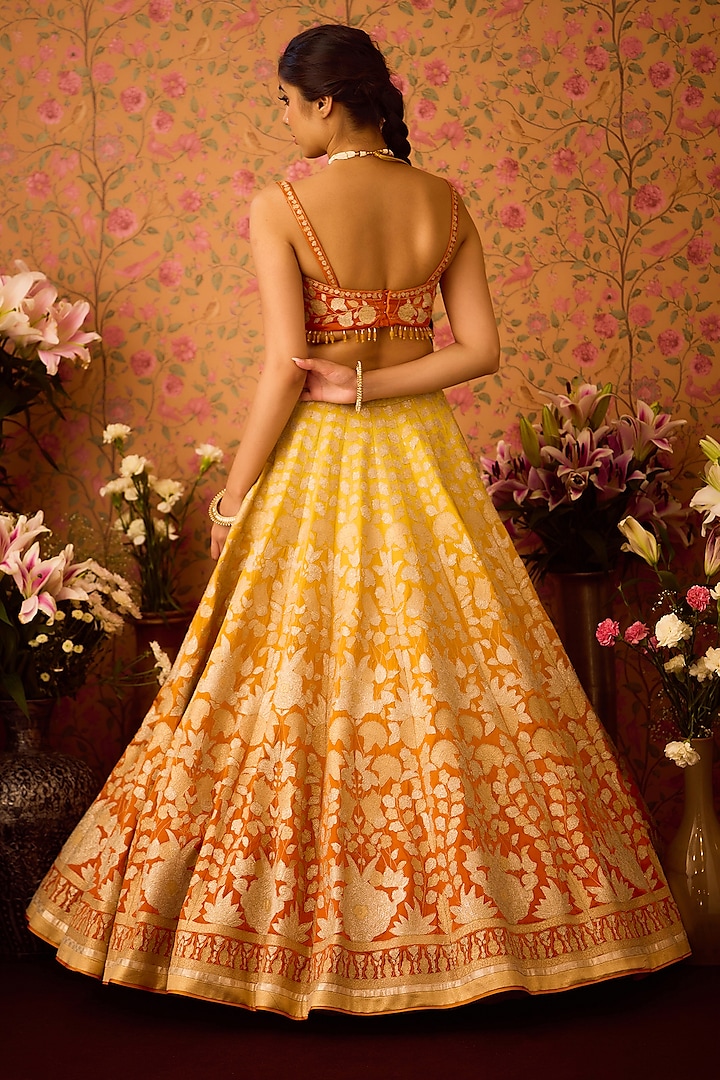 Yellow-Orange Silk Brocade Applique & Thread Embroidered Wedding Lehenga Set by Shyam Narayan Prasad at Pernia's Pop Up Shop