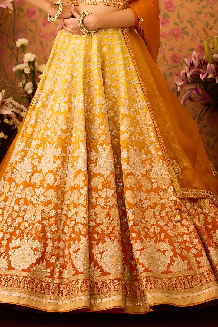 Yellow-Orange Silk Brocade Applique & Thread Embroidered Wedding Lehenga Set by Shyam Narayan Prasad at Pernia's Pop Up Shop