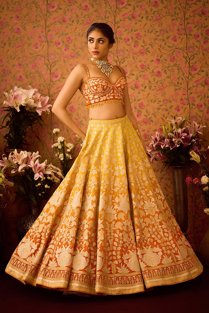 Yellow-Orange Silk Brocade Applique & Thread Embroidered Wedding Lehenga Set by Shyam Narayan Prasad at Pernia's Pop Up Shop