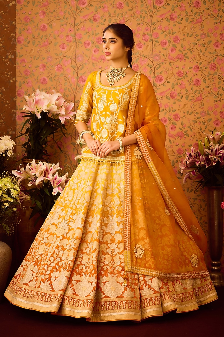 Yellow-Orange Raw Silk Applique Thread Embroidered Wedding Lehenga Set by Shyam Narayan Prasad at Pernia's Pop Up Shop