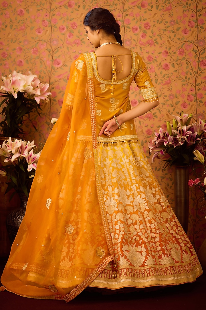 Yellow-Orange Raw Silk Applique Thread Embroidered Wedding Lehenga Set by Shyam Narayan Prasad at Pernia's Pop Up Shop