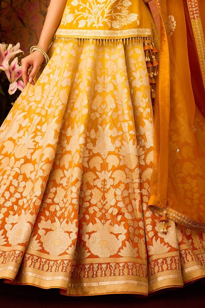 Yellow-Orange Raw Silk Applique Thread Embroidered Wedding Lehenga Set by Shyam Narayan Prasad at Pernia's Pop Up Shop