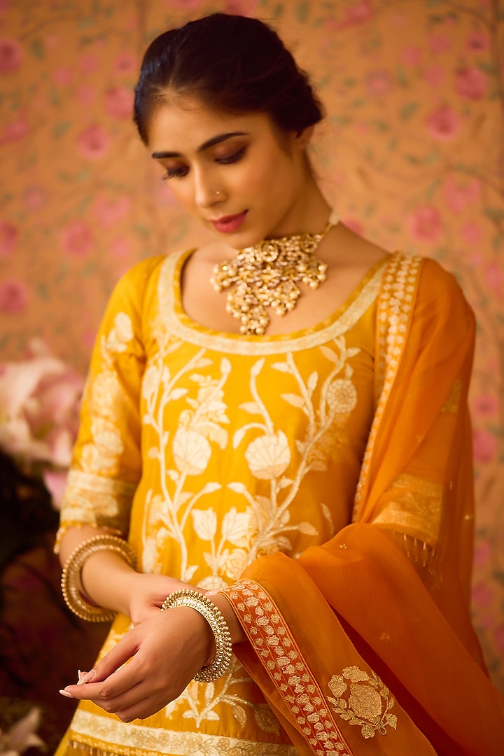 Yellow-Orange Raw Silk Applique Thread Embroidered Wedding Lehenga Set by Shyam Narayan Prasad at Pernia's Pop Up Shop