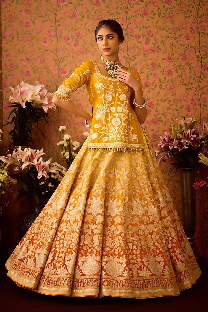 Yellow-Orange Raw Silk Applique Thread Embroidered Wedding Lehenga Set by Shyam Narayan Prasad at Pernia's Pop Up Shop