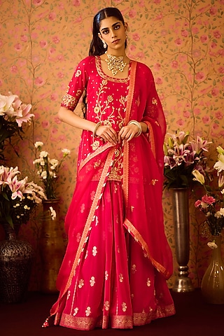 Maroon Red Georgette Zardosi Hand Embroidered Lehenga Set by Shyam Narayan Prasad