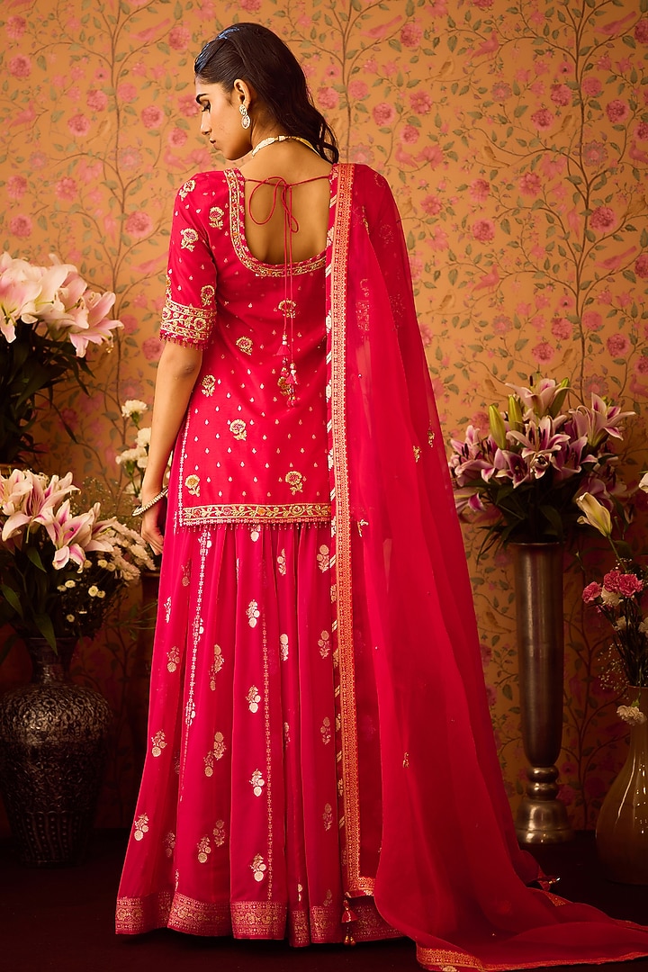 Maroon Red Georgette Zardosi Hand Embroidered Wedding Lehenga Set by Shyam Narayan Prasad at Pernia's Pop Up Shop