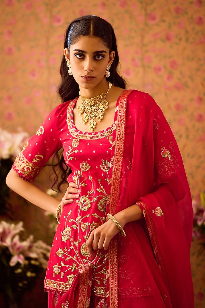 Maroon Red Georgette Zardosi Hand Embroidered Wedding Lehenga Set by Shyam Narayan Prasad at Pernia's Pop Up Shop