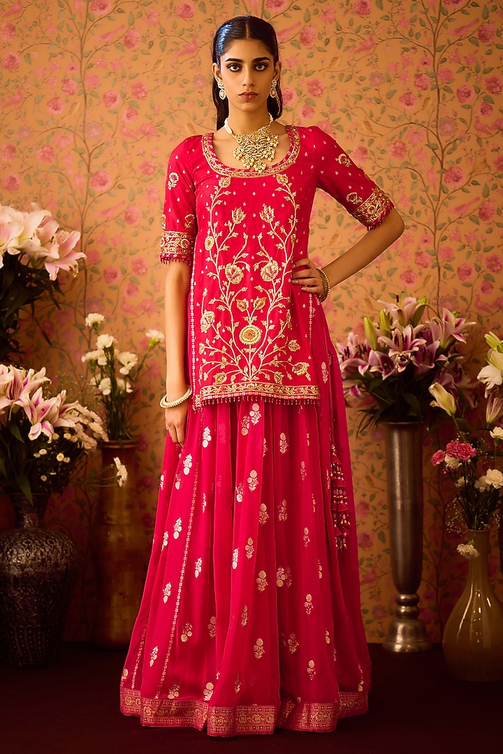 Maroon Red Georgette Zardosi Hand Embroidered Wedding Lehenga Set by Shyam Narayan Prasad at Pernia's Pop Up Shop