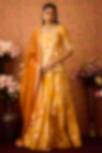 Gold Yellow Silk Brocade Applique & Thread Embroidered Paneled Wedding Lehenga Set by Shyam Narayan Prasad at Pernia's Pop Up Shop