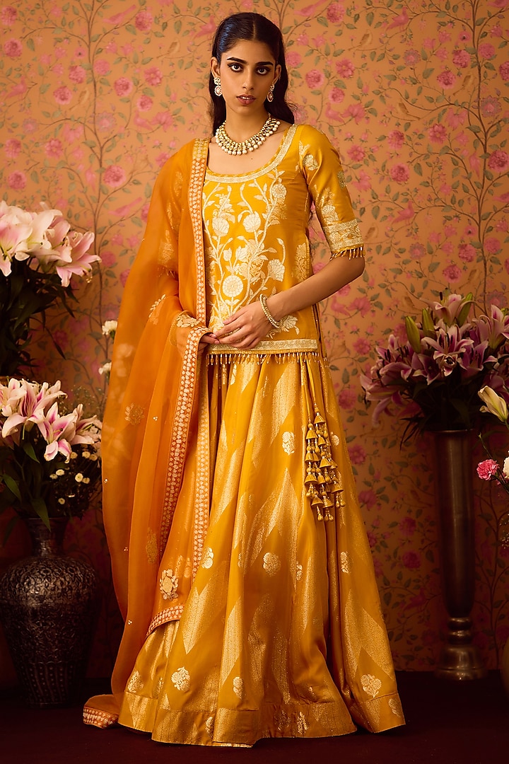 Gold Yellow Silk Brocade Applique & Thread Embroidered Paneled Wedding Lehenga Set by Shyam Narayan Prasad at Pernia's Pop Up Shop