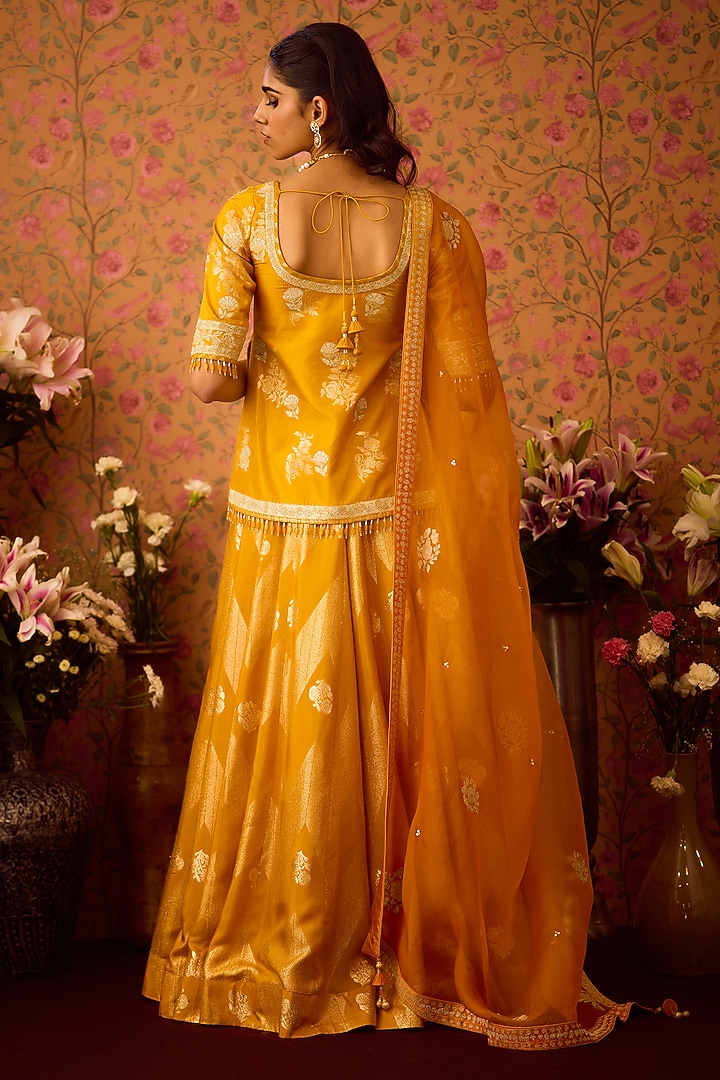 Gold Yellow Silk Brocade Applique & Thread Embroidered Paneled Wedding Lehenga Set by Shyam Narayan Prasad at Pernia's Pop Up Shop
