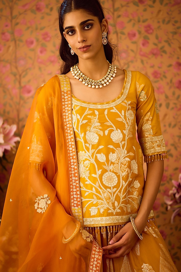 Gold Yellow Silk Brocade Applique & Thread Embroidered Paneled Wedding Lehenga Set by Shyam Narayan Prasad at Pernia's Pop Up Shop