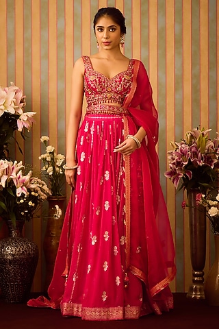 Maroon Red Georgette Zardosi Hand Embroidered Paneled Lehenga Set by Shyam Narayan Prasad