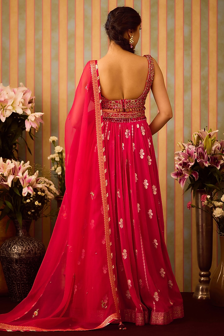 Maroon Red Georgette Zardosi Hand Embroidered Paneled Wedding Lehenga Set by Shyam Narayan Prasad at Pernia's Pop Up Shop