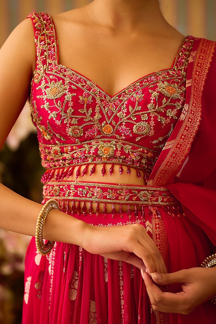 Maroon Red Georgette Zardosi Hand Embroidered Paneled Wedding Lehenga Set by Shyam Narayan Prasad at Pernia's Pop Up Shop