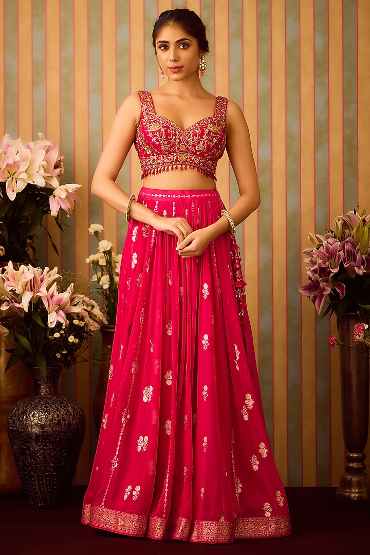 Maroon Red Georgette Zardosi Hand Embroidered Paneled Wedding Lehenga Set by Shyam Narayan Prasad at Pernia's Pop Up Shop
