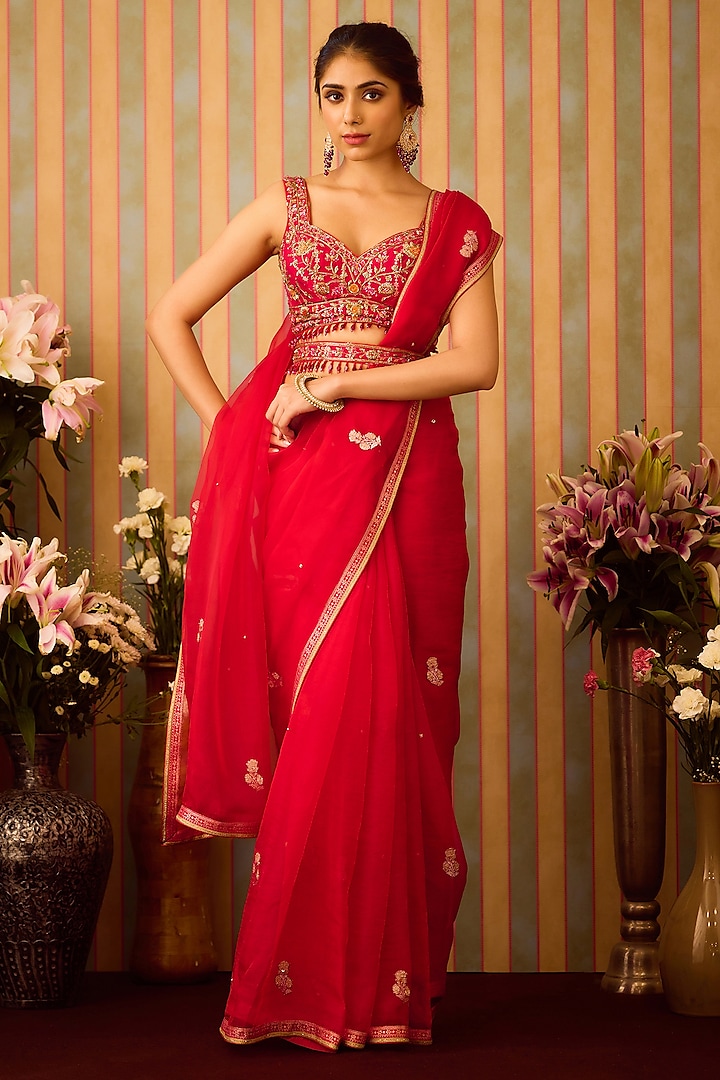 Maroon Red Silk Organza Zardosi Hand Embroidered Saree Set by Shyam Narayan Prasad at Pernia's Pop Up Shop