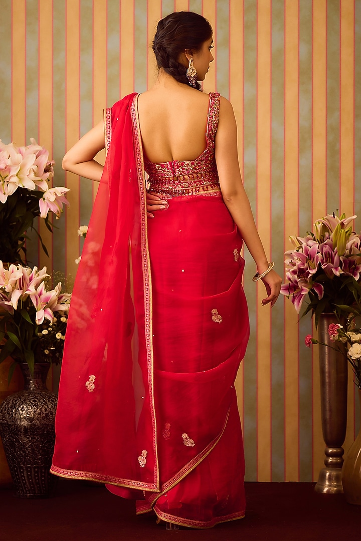 Maroon Red Silk Organza Zardosi Hand Embroidered Wedding Saree Set by Shyam Narayan Prasad at Pernia's Pop Up Shop