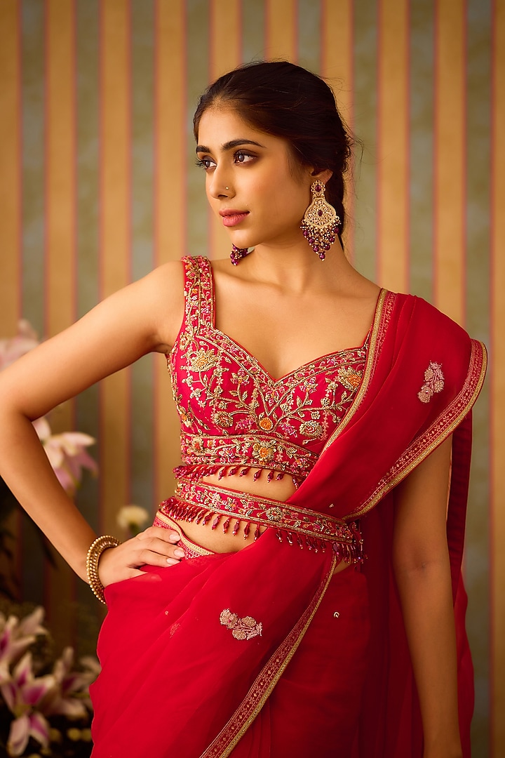 Maroon Red Silk Organza Zardosi Hand Embroidered Wedding Saree Set by Shyam Narayan Prasad at Pernia's Pop Up Shop