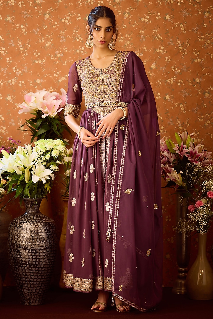 Purple Silk Brocade Zardosi Embroidered Anarkali Set by Shyam Narayan Prasad at Pernia's Pop Up Shop