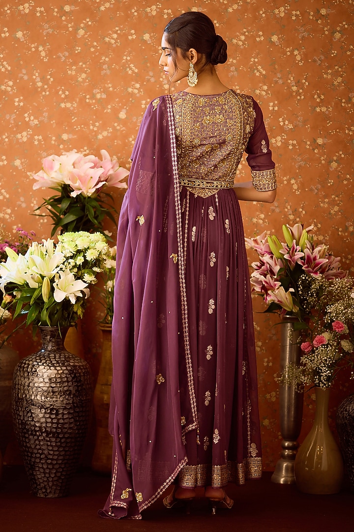 Purple Silk Brocade Zardosi Embroidered Wedding Anarkali Set by Shyam Narayan Prasad at Pernia's Pop Up Shop