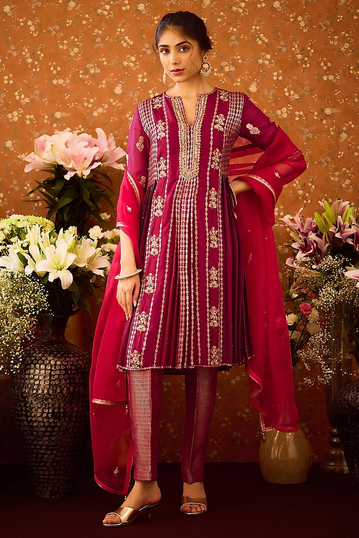 Raspberry Purple Silk Brocade Zardosi Embroidered Kurta Set by Shyam Narayan Prasad