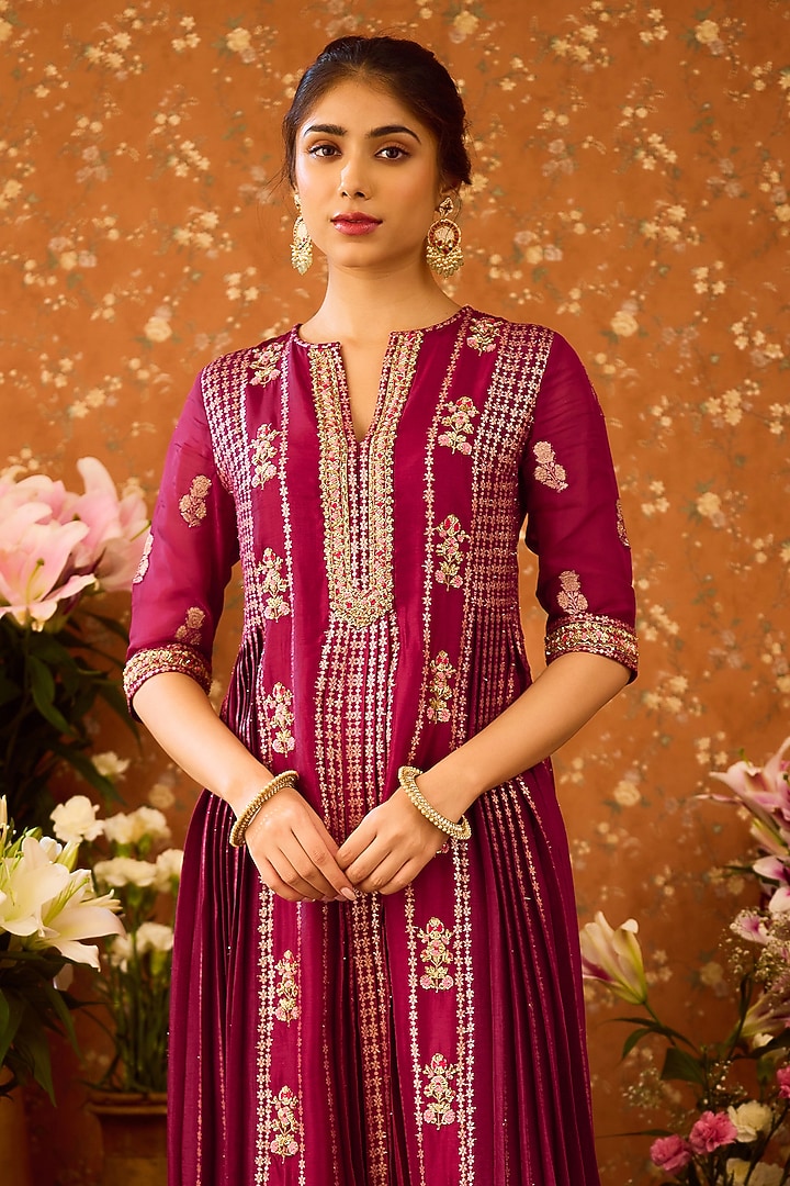 Raspberry Purple Silk Brocade Zardosi Embroidered Kurta Set by Shyam Narayan Prasad at Pernia's Pop Up Shop