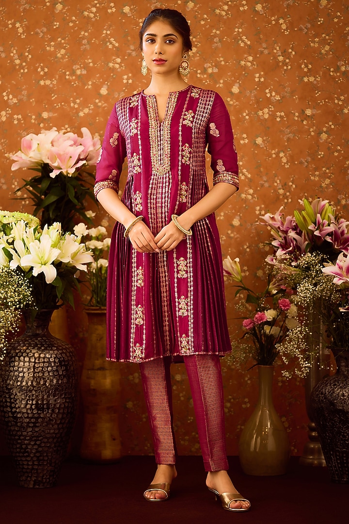 Raspberry Purple Silk Brocade Zardosi Embroidered Kurta Set by Shyam Narayan Prasad at Pernia's Pop Up Shop