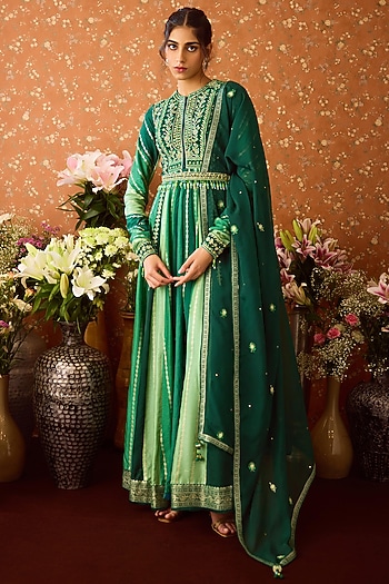 Alpine Green Brocade Thread Embroidered Wedding Anarkali Set by Shyam Narayan Prasad at Pernia's Pop Up Shop