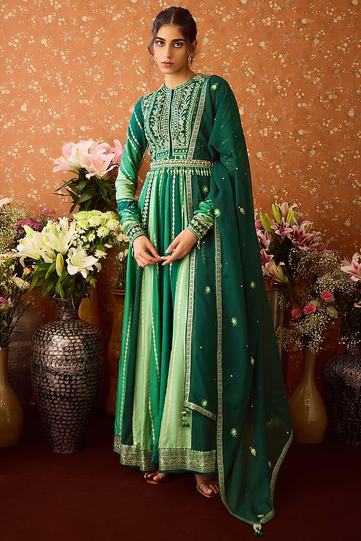 Alpine Green Brocade Thread Embroidered Anarkali Set by Shyam Narayan Prasad