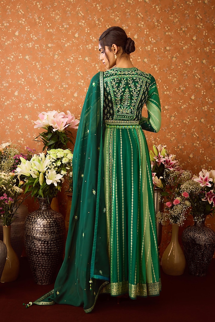 Alpine Green Brocade Thread Embroidered Wedding Anarkali Set by Shyam Narayan Prasad at Pernia's Pop Up Shop