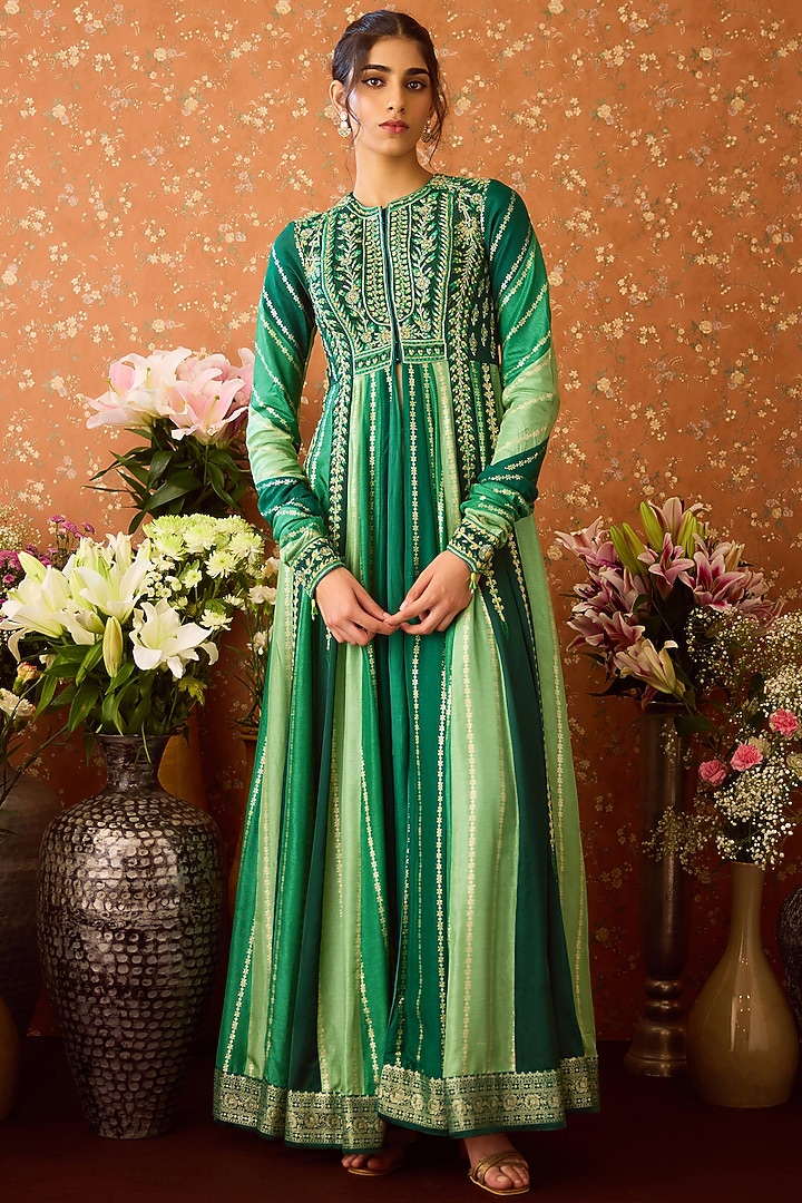 Alpine Green Brocade Thread Embroidered Wedding Anarkali Set by Shyam Narayan Prasad at Pernia's Pop Up Shop