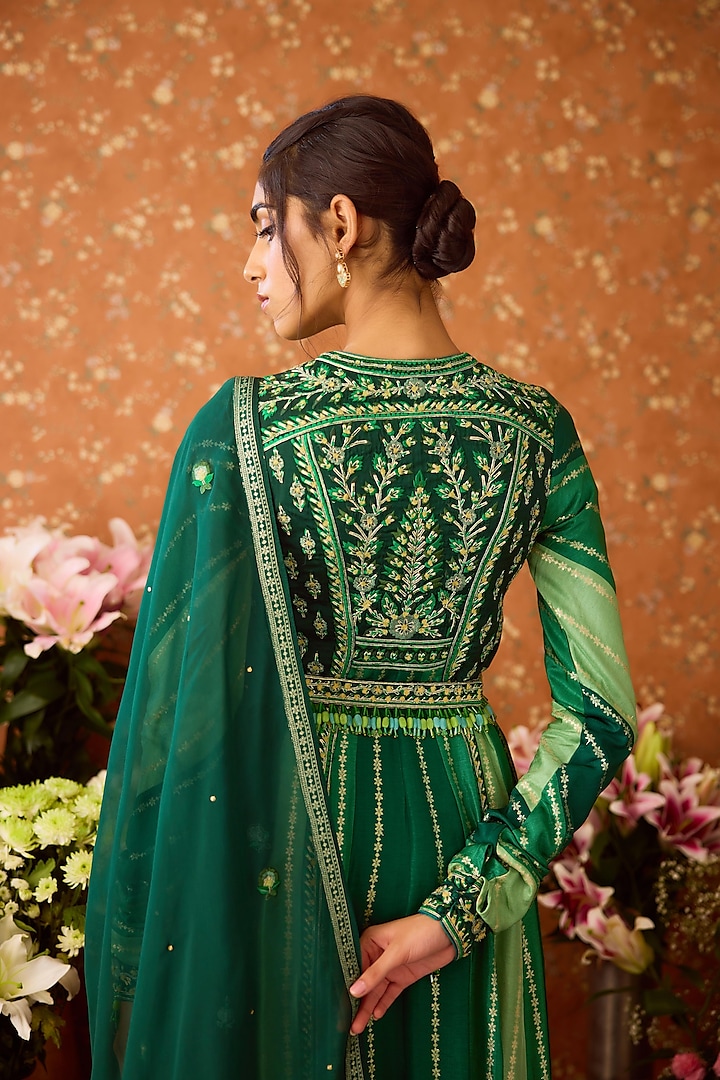 Alpine Green Brocade Thread Embroidered Wedding Anarkali Set by Shyam Narayan Prasad at Pernia's Pop Up Shop
