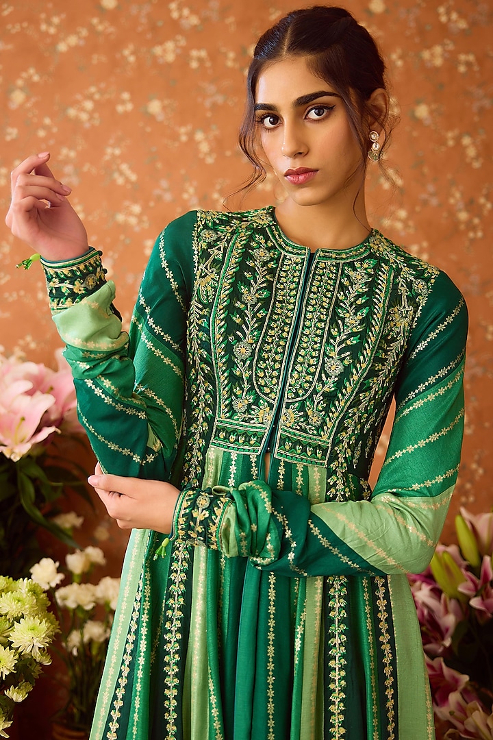 Alpine Green Brocade Thread Embroidered Wedding Anarkali Set by Shyam Narayan Prasad at Pernia's Pop Up Shop