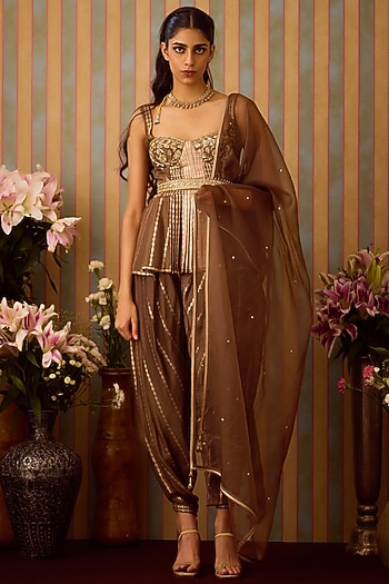 Cocoa Brown Viscose Brocade & Organza Dhoti Set by Shyam Narayan Prasad at Pernia's Pop Up Shop