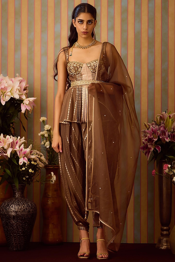 Cocoa Brown Viscose Brocade & Organza Dhoti Set by Shyam Narayan Prasad