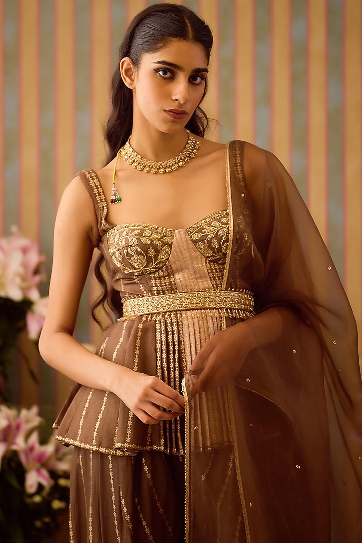 Cocoa Brown Viscose Brocade & Organza Dhoti Set by Shyam Narayan Prasad at Pernia's Pop Up Shop