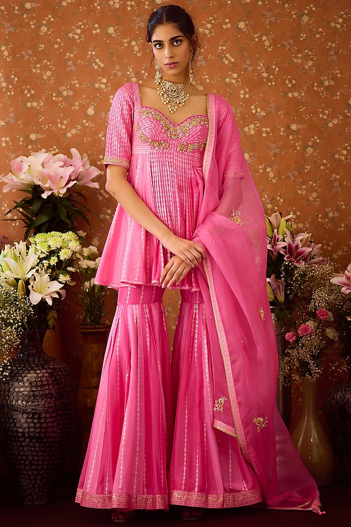 Rose Bloom Pink Silk Brocade Sharara Set by Shyam Narayan Prasad