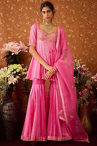 Rose Bloom Pink Silk Brocade Sharara Set by Shyam Narayan Prasad