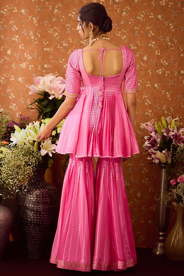 Rose Bloom Pink Silk Brocade Wedding Sharara Set by Shyam Narayan Prasad at Pernia's Pop Up Shop