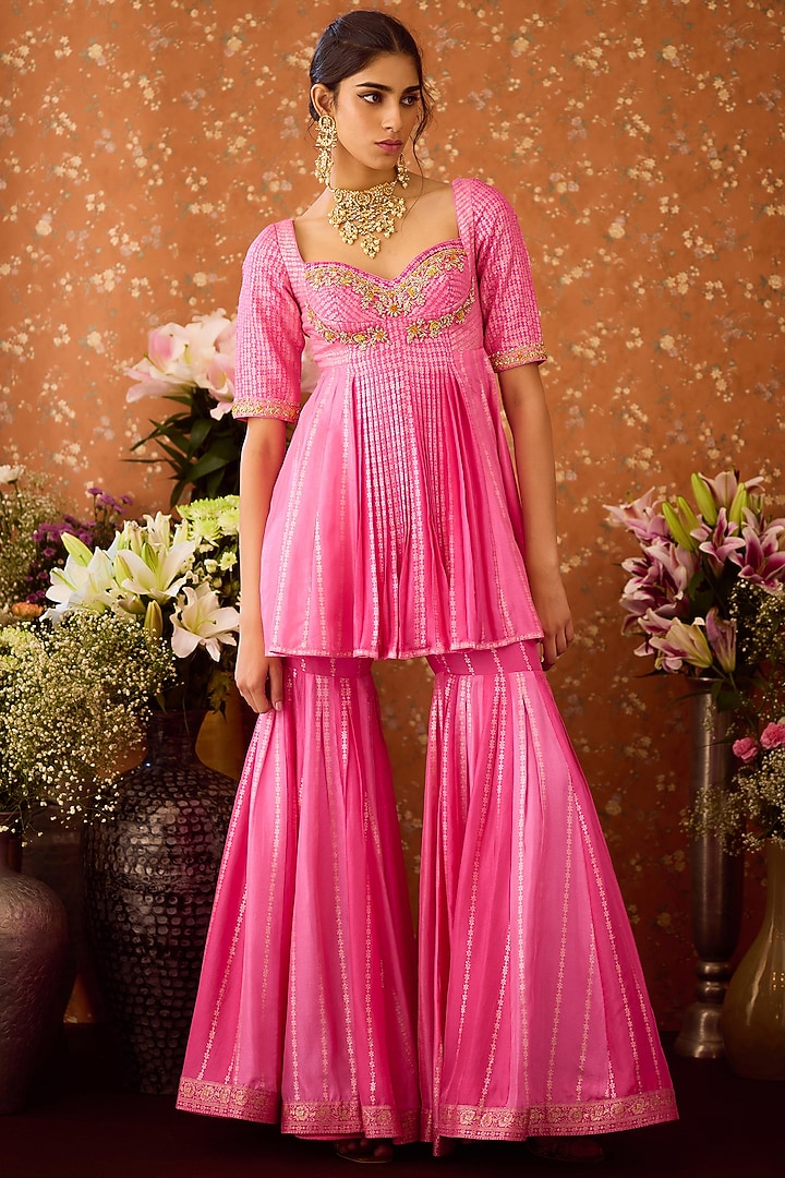 Rose Bloom Pink Silk Brocade Wedding Sharara Set by Shyam Narayan Prasad at Pernia's Pop Up Shop