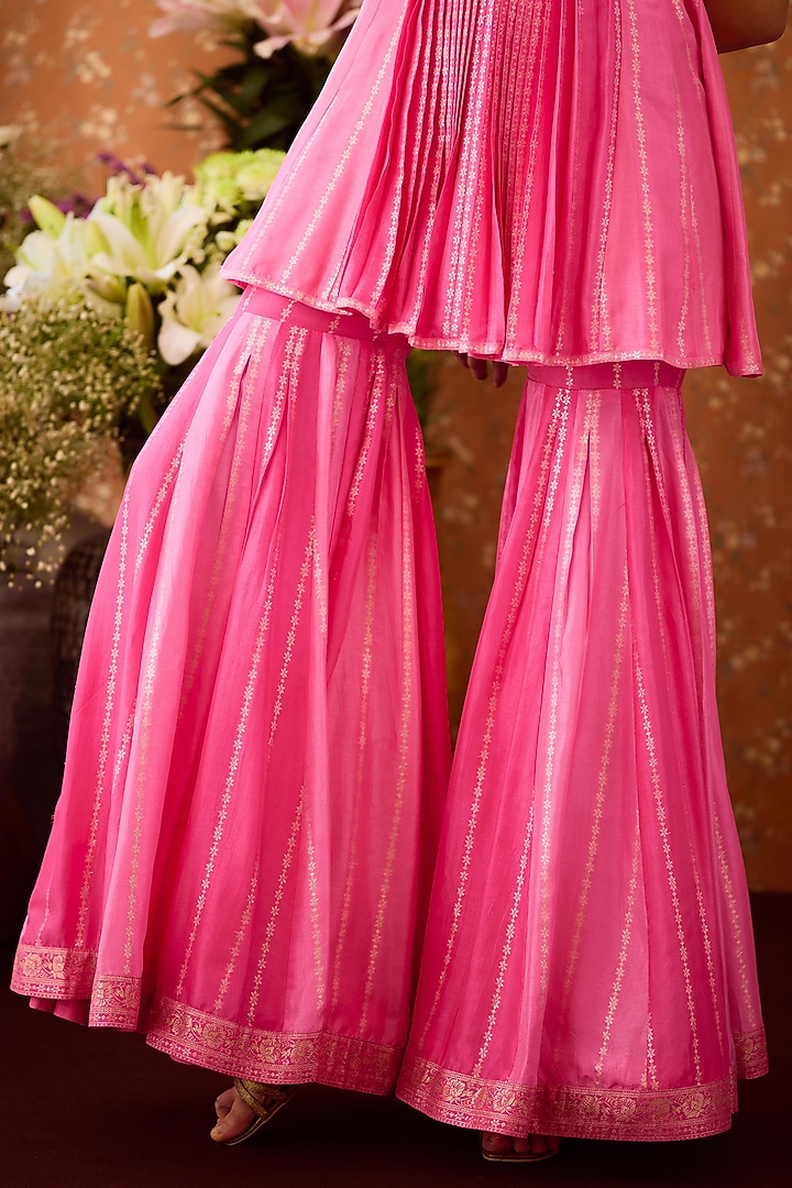 Rose Bloom Pink Silk Brocade Wedding Sharara Set by Shyam Narayan Prasad at Pernia's Pop Up Shop