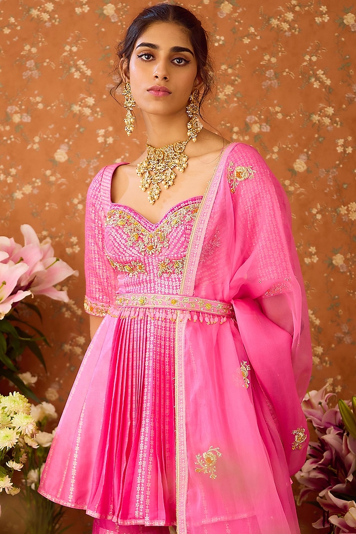 Rose Bloom Pink Silk Brocade Wedding Sharara Set by Shyam Narayan Prasad at Pernia's Pop Up Shop