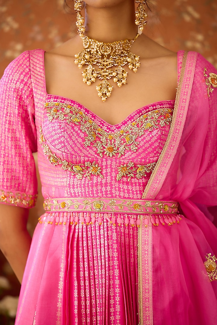 Rose Bloom Pink Silk Brocade Wedding Sharara Set by Shyam Narayan Prasad at Pernia's Pop Up Shop