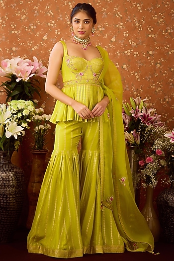 Lime Green Silk Brocade Wedding Sharara Set by Shyam Narayan Prasad at Pernia's Pop Up Shop