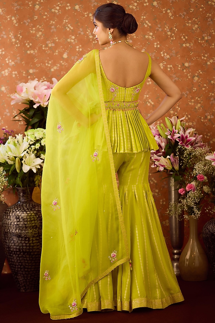 Lime Green Silk Brocade Wedding Sharara Set by Shyam Narayan Prasad at Pernia's Pop Up Shop