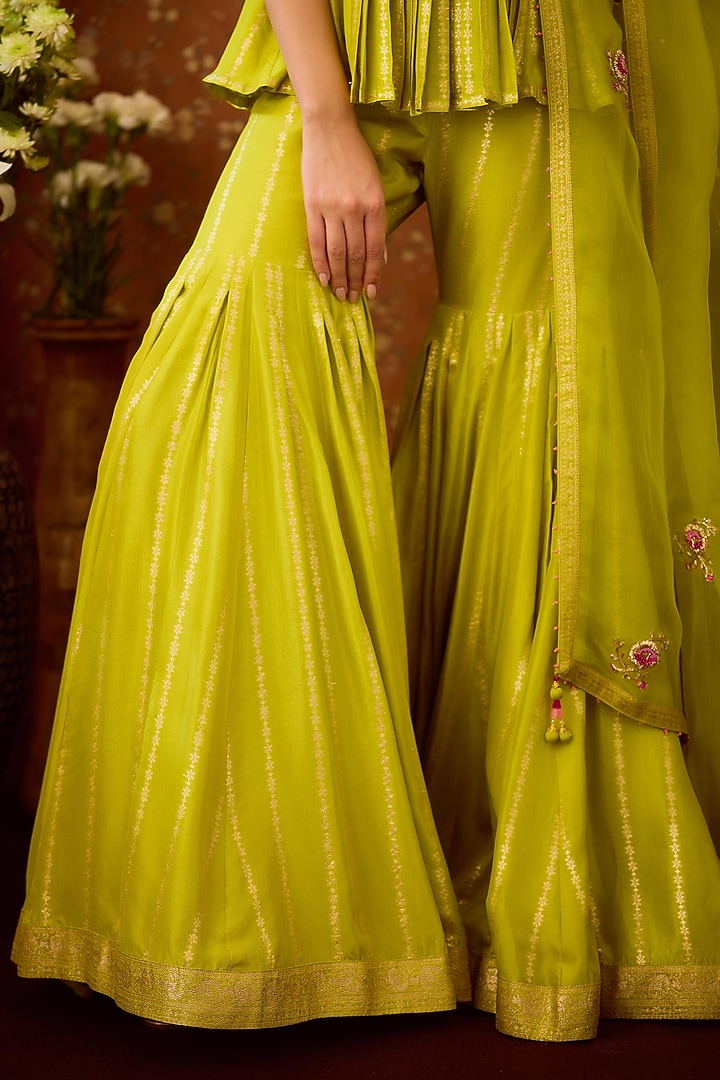 Lime Green Silk Brocade Wedding Sharara Set by Shyam Narayan Prasad at Pernia's Pop Up Shop