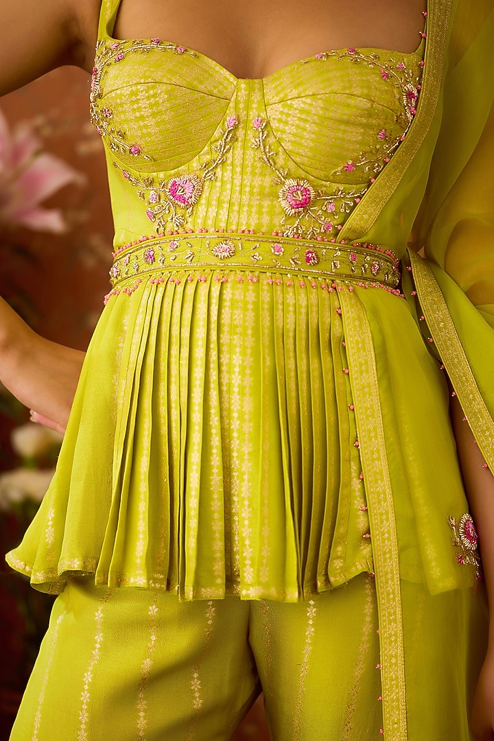 Lime Green Silk Brocade Wedding Sharara Set by Shyam Narayan Prasad at Pernia's Pop Up Shop