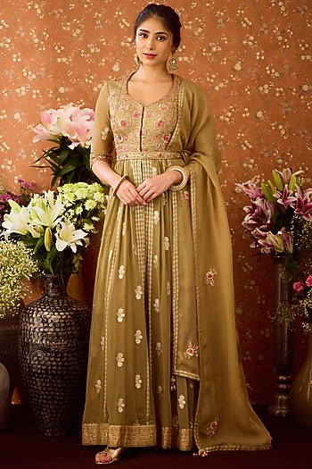 Grey-Green Viscose Brocade Zardosi Embroidered Wedding Anarkali Set by Shyam Narayan Prasad at Pernia's Pop Up Shop